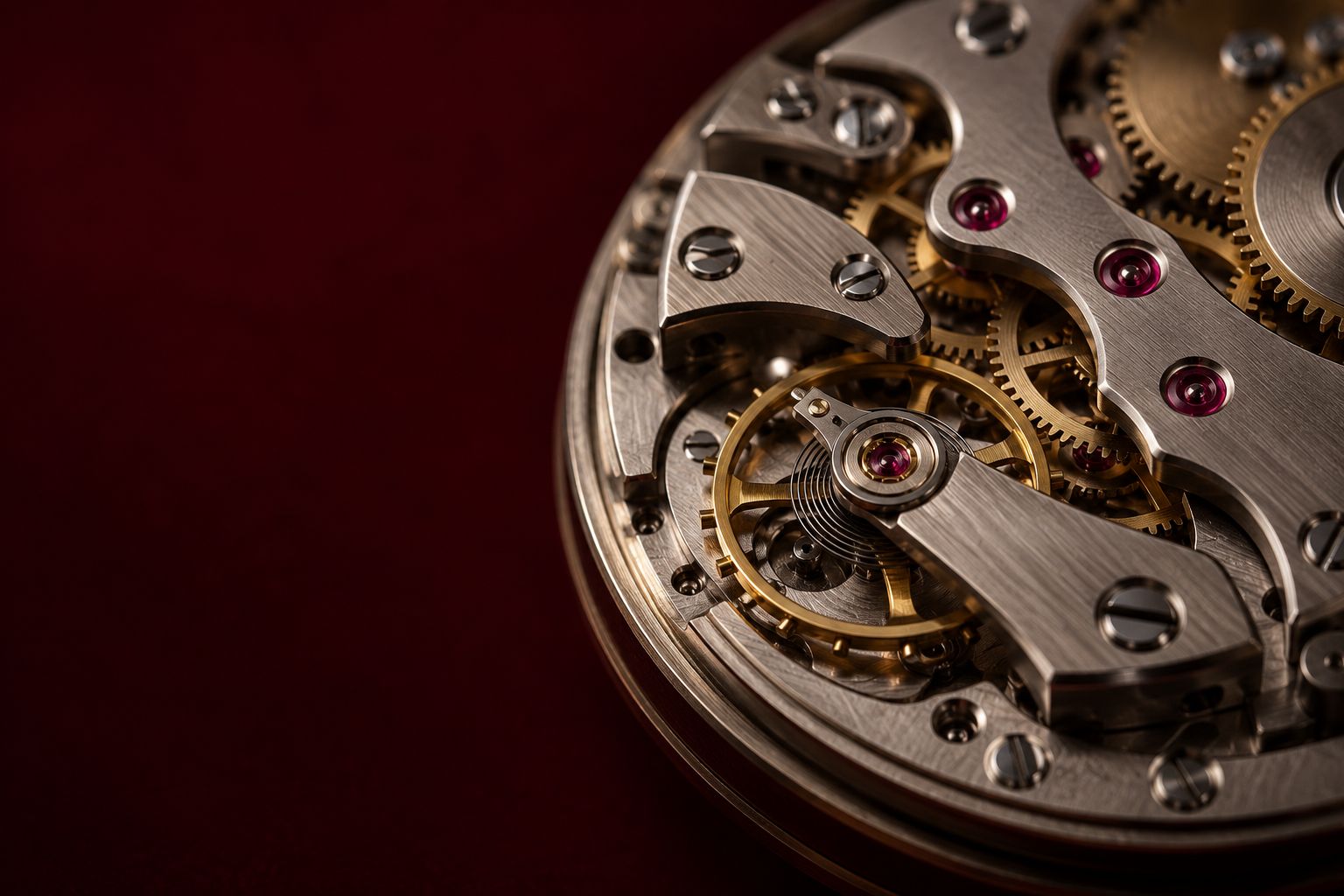 Close-up of the gears and jewels inside a mechanical watch
